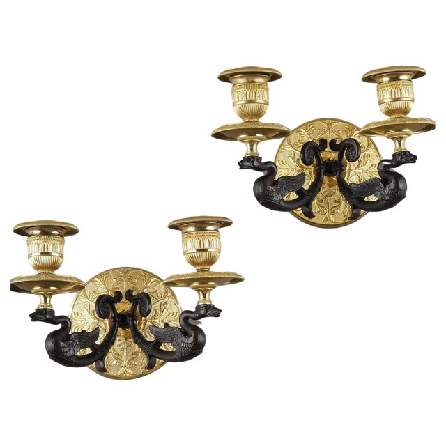 Small Two-Light Ormolu Sconces with Brown Patina, 1840s, Set of 2 For Sale