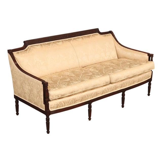Federal Sheraton Style Upholstered Sofa With Carved Wood Frame For Sale