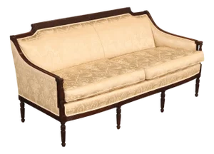 Federal Sheraton Style Upholstered Sofa With Carved Wood Frame