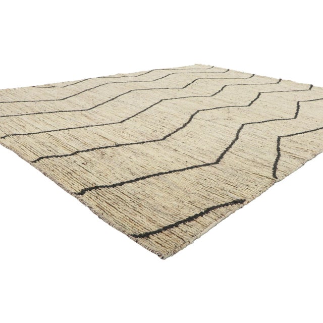 80820 Modern Earth-Tone Moroccan Rug, 06'07 x 08'09. Presenting a fusion of Midcentury Modern finesse and Shibui subtlety,...