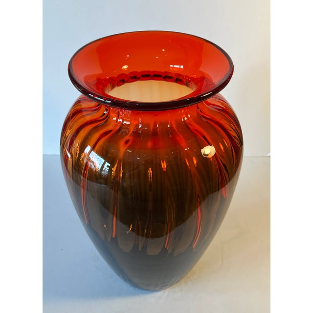 Late 20th Century Lart Fluted Art Glass Vase Brown Orange Red Ombre For Sale - Image 5 of 12