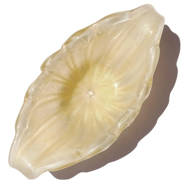 Mid 20th Century Vintage Barovier Toso Murano White Gold Flecks Italian Art Glass Flared Scallop Rim Curled Sides Bowl For Sale - Image 5 of 7