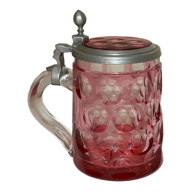 Rare Antique Hand Cut to Clear Ruby Glass Pewter Czech Lidded Beer Stein Mug For Sale