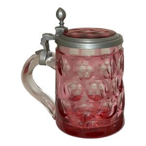 Rare Antique Hand Cut to Clear Ruby Glass Pewter Czech Lidded Beer Stein Mug