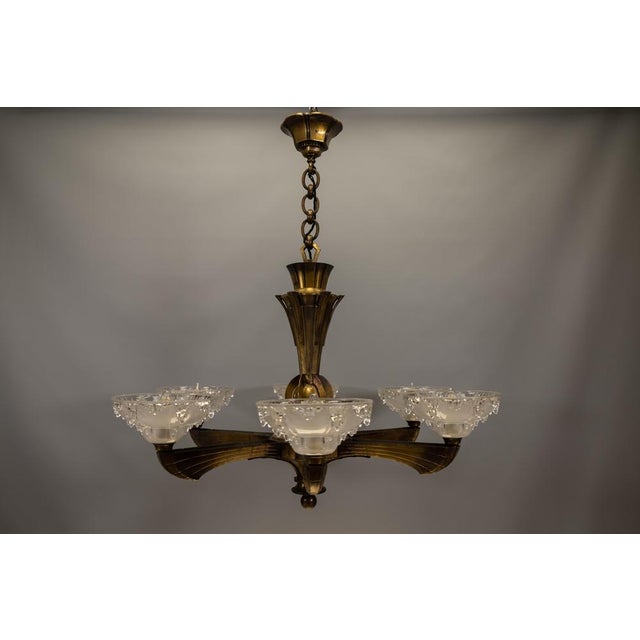 French Art Deco Six-Light Bronze & Frosted Glass Chandelier, 1930s For Sale - Image 17 of 18