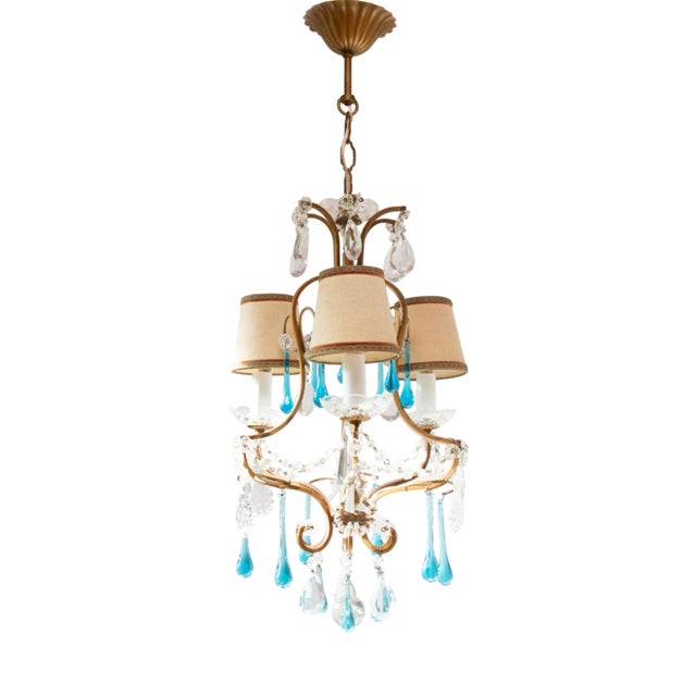 Vintage Italian Chandelier with Blue Glass Droplets, 1950s For Sale