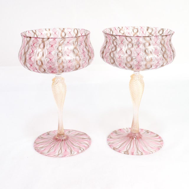 Pair of Venetian / Salviati Murano Glass Latticino Toasting Champagne Glasses For Sale In Philadelphia - Image 6 of 15