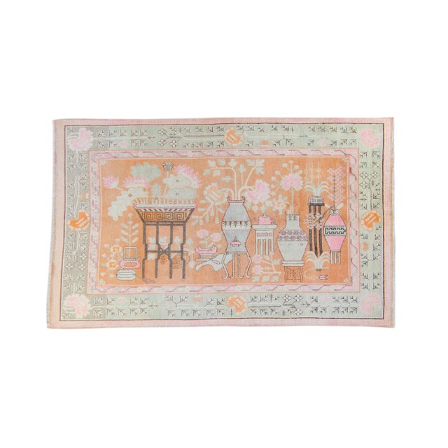 1920s Antique Pictorial Khotan Samarkand Hand-Knotted Rug - 5′5.5″ × 8′10″ For Sale