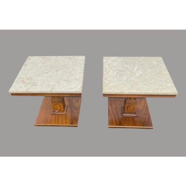 1970s Mid-Century Modern Walnut Marble Tables - a Pair For Sale - Image 4 of 8