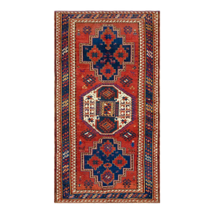 Striking Jewel-Toned With Blue-White Geometric Desgin Lori Pambak Antique Caucasian Kazak Rug