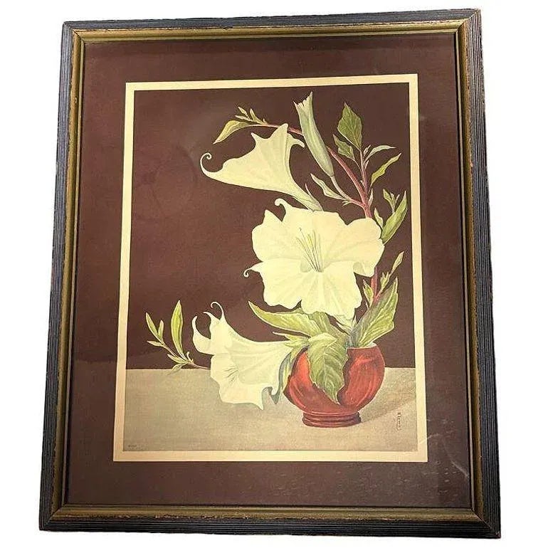 1950s Ikebana Arranged White Petunia Foral Scenic Lithograph by