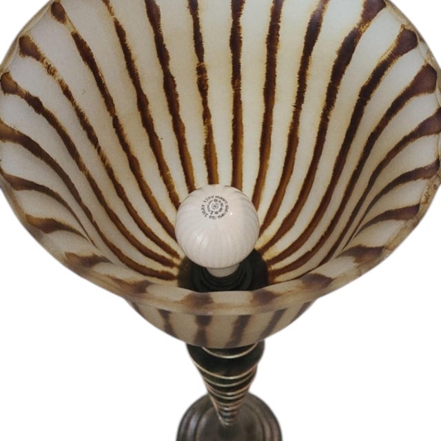 Spiral Cut Bronze Toned Torchiere Buffet Lamps With Tiger Striped Amber Glass Shades - A Pair For Sale - Image 12 of 13