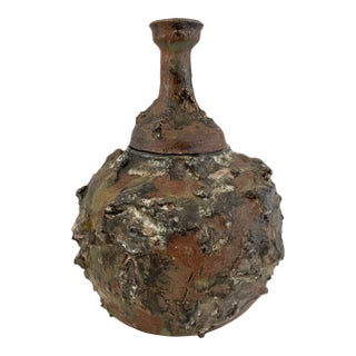 Brutalist Studio Green & Brown Textured Ceramic Large Urn With Lid. Signed For Sale