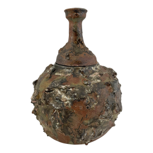 Brutalist Studio Green & Brown Textured Ceramic Large Urn With Lid. Signed