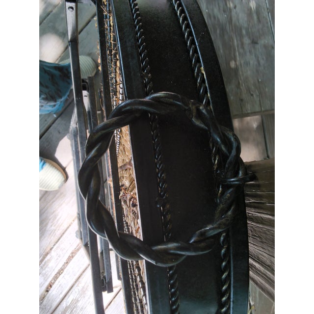 Vintage Hollywood Regency Woven Wicker and Wrought Iron Round Tray Table. For Sale - Image 4 of 16