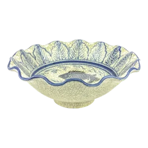 Rare Asian Crackle Finished Ceramic Clay Pottery Bowl Dancing Fish