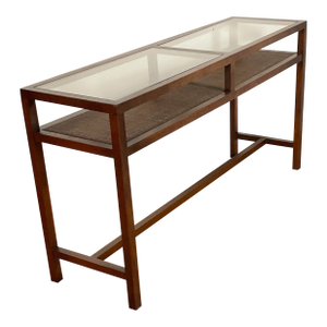 1970s Console Sofa Table Glass Top With Caned Shelf Midcentury Modern
