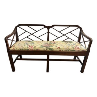 Chippendale Floral Upholstered Mahogany Wood Bench For Sale