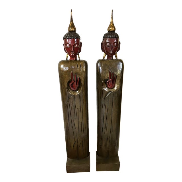 Pair of Vintage Wooden Standing Buddha Statues For Sale