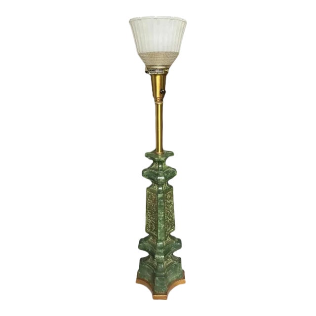 Mid 20th Century Authentic Rembrandt Lamp Co. Green Brass Table Lamp With Diffuser For Sale