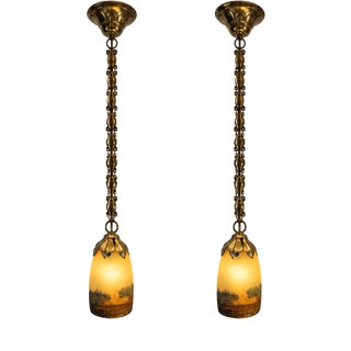 Art Deco French Cameo Glass and Gilt Brass Pendant Lights from Degué, 1930s, Set of 2 For Sale
