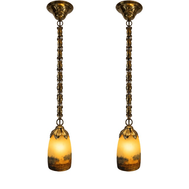 Art Deco French Cameo Glass and Gilt Brass Pendant Lights from Degué, 1930s, Set of 2 For Sale