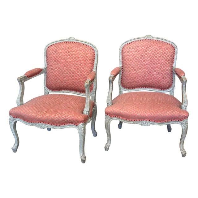 Pair of Late 18th C. French Fauteuils in Fortuny Fabric For Sale