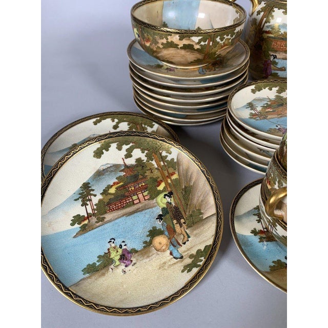 Important and rare complete Satsuma earthenware tea service, Meiji period, 19th century. It includes a sugar bowl, a milk...