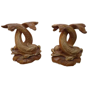Smashing Carved Giltwood Chinese Style Dolphin Statues - a Pair