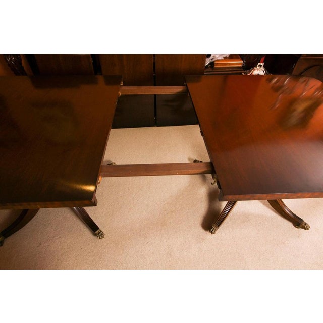 Vintage 20th Century 12ft Twin Pillar Mahogany Dining Table & 12 Chippendale Chairs, Set of 13 For Sale - Image 9 of 18
