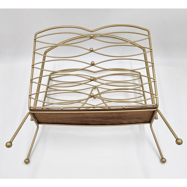 MCM Lacquered Brass & Teak Wood Magazine Lp Newspaper Rack Holder For Sale - Image 10 of 10