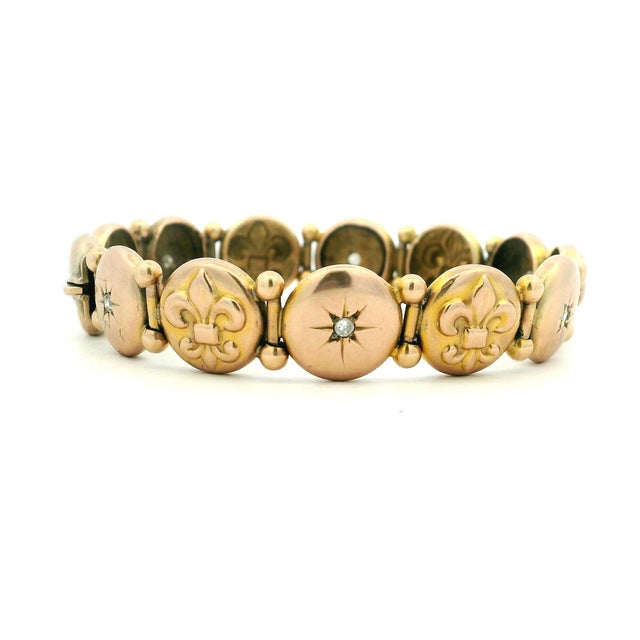 1900 - 1909 Circa 1900 Victorian 14k Rose Gold Diamond Fleur-De-Lis Bracelet For Sale - Image 5 of 13