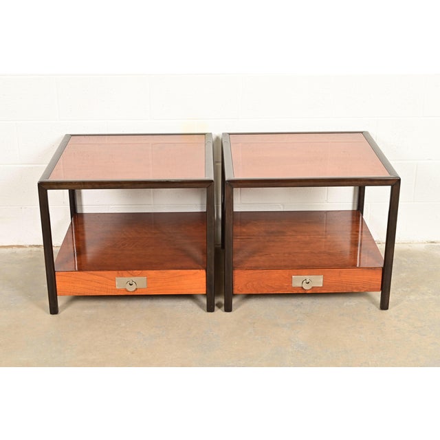 An exceptional pair of mid-century modern Hollywood Regency Chinoiserie nightstands or side tables By Michael Taylor for...