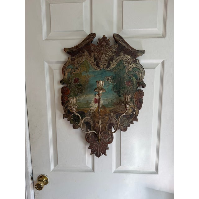 Vintage Rococo Italian Polychrome Wooden Candle Sconce For Sale - Image 9 of 14