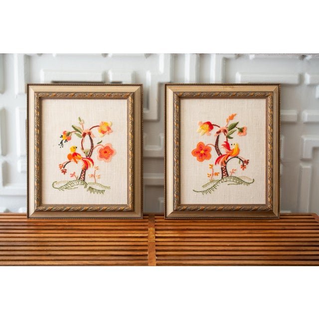 Vintage Framed Crewel Birds, Floral, Needlepoint, Wall Hanging, Art, Chinoiserie a Pair Chairish