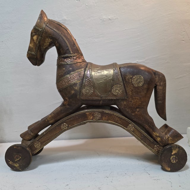 1900 - 1909 Turn-of-the-Century European Wooden Toy Horse on Wheels With Brass & Copper Inlay For Sale - Image 5 of 11