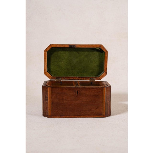 English 19th Century English Mahogany Tea Caddy With Satinwood Inlay and Intact Interior Compartments For Sale - Image 3 of 6