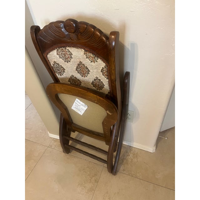 Brown Vintage Victorian Carved Walnut and Upholstered Folding Rocking Chair For Sale - Image 8 of 12