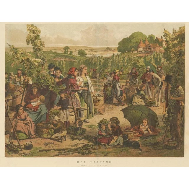 Antique print titled 'Hop Picking'. Original antique print of hop pickers at work. Men and women work in the hop fields,...