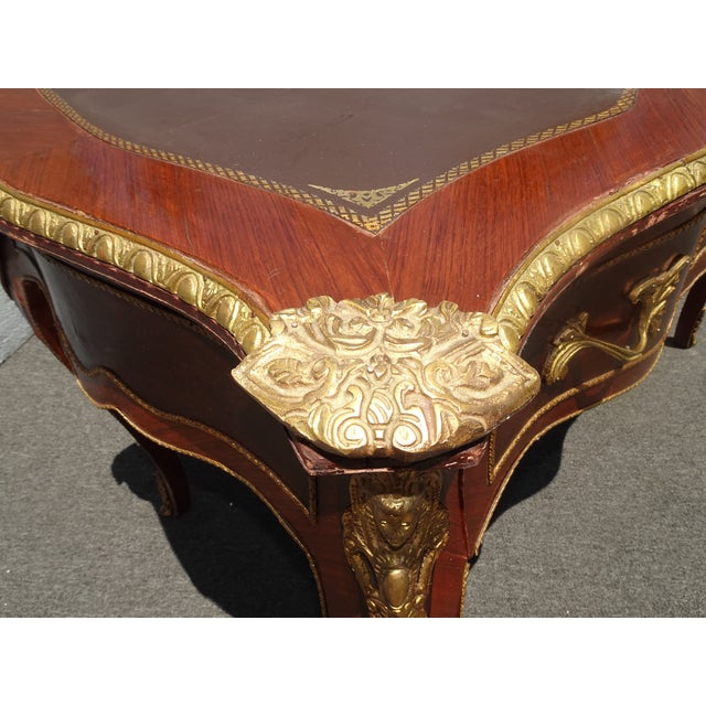 Vintage French Louis XV Bureau Plat Writing Desk Ornate Brass Ormolu Leather Top For Sale - Image 13 of 16