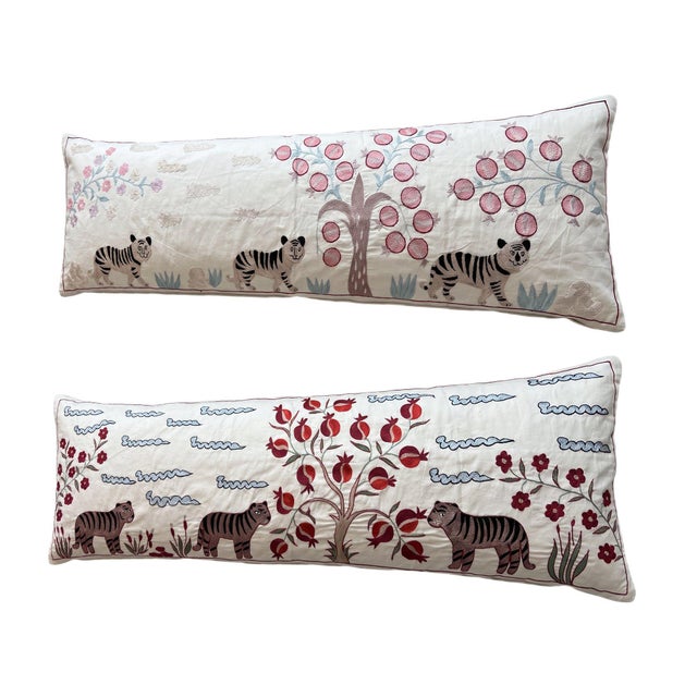 Mid-Century Modern White Tiger Suzani Lumbar Pillow Cover 18'' X 54'' - Set of Two For Sale - Image 3 of 4