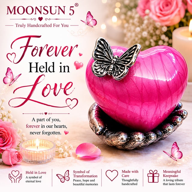 Metal Pink Butterfly Heart Cremation Urn With Hand Stand With Picture Frame With Silver Butterfly 7x9 Inches | Memorial Keepsake for Ashes, For Sale - Image 7 of 14