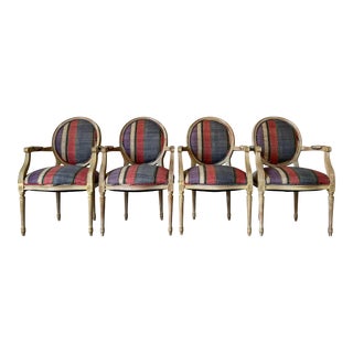 Vintage Louis XVI - Style Medallion Back Arm Dining Chairs - Set of 4 For Sale