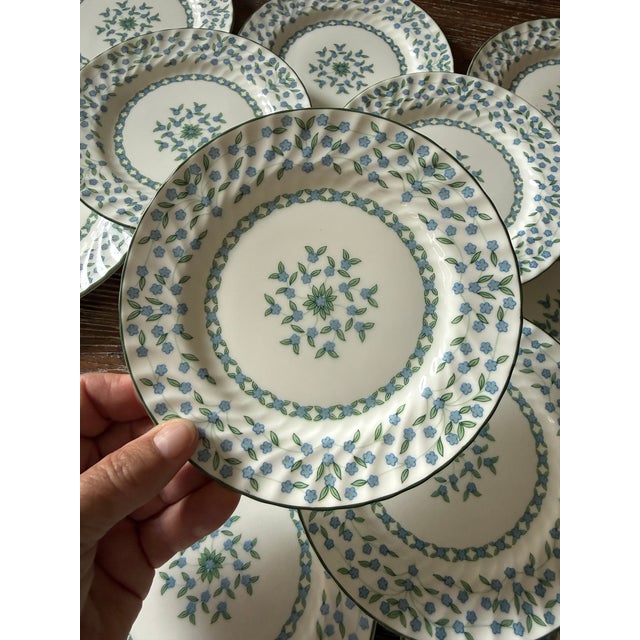 1970s Vintage Aynsley Forget Me Not Bone China Plates 6.25 Inch Blue Floral England Dessert Plates - Set of 13 For Sale - Image 5 of 7