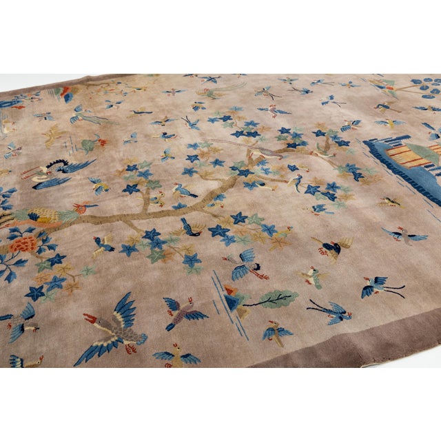 Textile Antique Chinese Art Deco Rug 1920s - 100 Birds & Phoenix Pictorial Wool 10x14 For Sale - Image 7 of 10