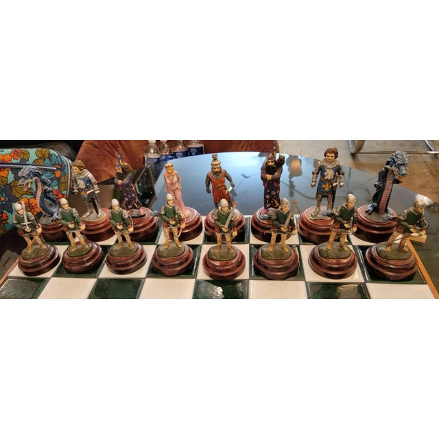 Wood 1950s Tiled Mid Century and Wood Chess Board With Chess Figurines - Set of 33 For Sale - Image 7 of 9
