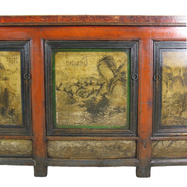 Late 19th Century Late 19th Century Gansu 85" Long Red Hand Painted Chinese Sideboard For Sale - Image 5 of 12