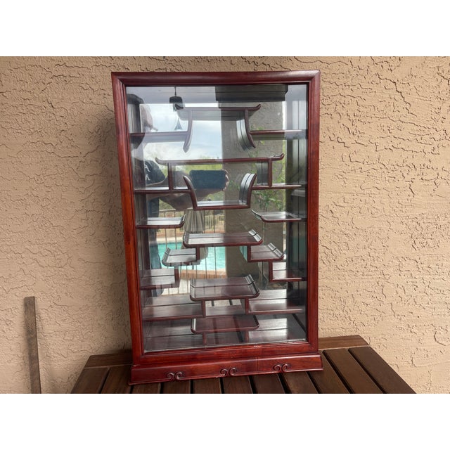 Vintage Chinese Rosewood 18 Shelf Curio Cabinet Glass Door Mirror Back Wall Mount For Sale In Santa Fe - Image 6 of 7