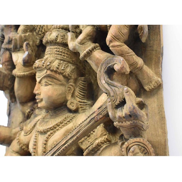 Wood Early 20th Century Large Indian Carved Wood Saraswati Temple Panel With Veena For Sale - Image 7 of 8