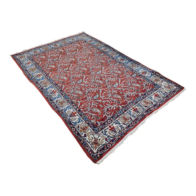 Vintage Persian Qum Area Rug, Handwoven Allover Paisleys Pattern, Red & Ivory, 5’ X 7’ For Sale